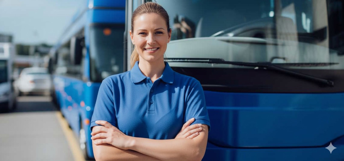 Conductrice devant un autocar bleu