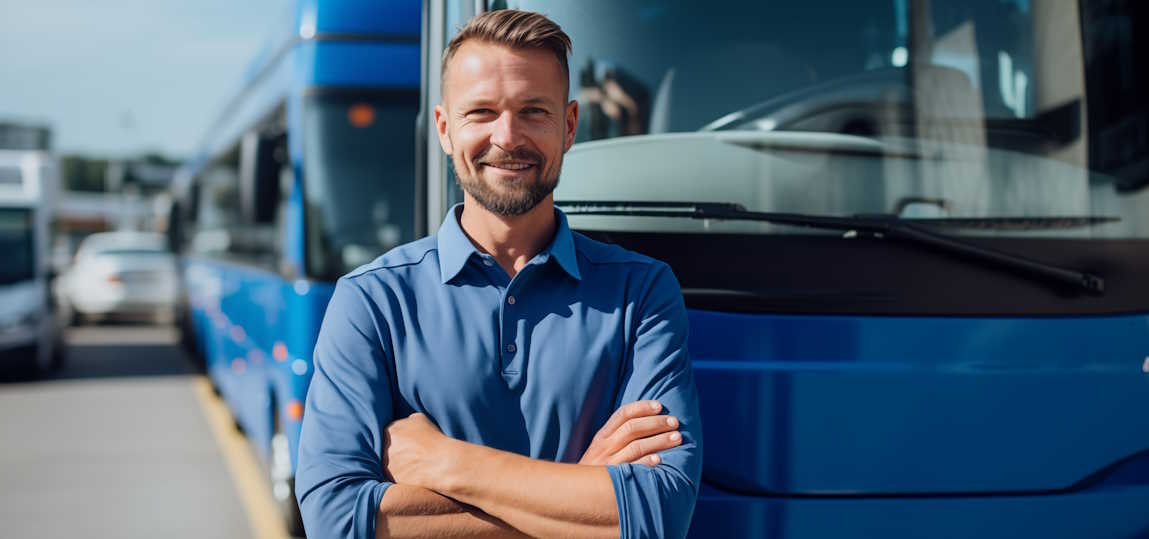 Chauffeur de bus devant son autocar bleu