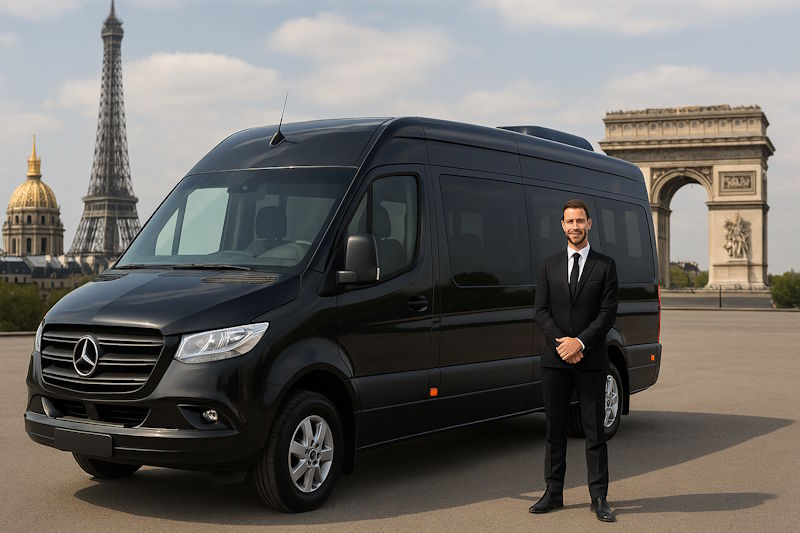 Minibus noir devant des monuments Parisiens