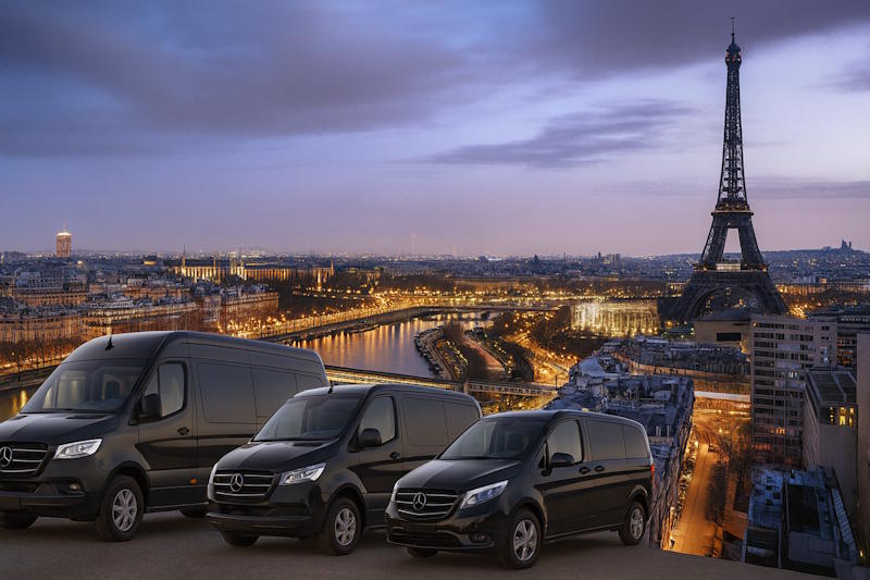 Tour Eiffel avec des minibus devant